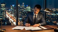 Professional businessman working late at office desk with city skyline view through window at night, reviewing documents under desk lamp.