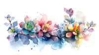 Delicate watercolor succulents arrangement in pastel pink, blue and yellow tones with flowing abstract elements creates soft botanical composition on white background.
