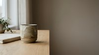 Woven jute cup with metal rim sitting on wooden desk near window with books and plant, neutral interior styling for home decor and lifestyle projects.