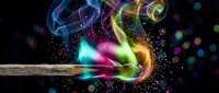 Colorful energy waves and light trails flowing from wooden surface with sparkling particles on dark background for creative design projects.