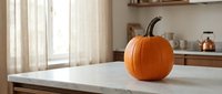 Orange pumpkin on a marble kitchen counter with soft natural light, sheer curtains, and warm autumn home decor in the background.
