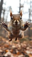 Playful red squirrel jumping towards camera with outstretched paws against blurred autumn forest background, showing expressive face and detailed fur texture.