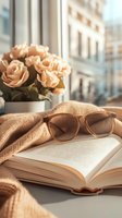 Cozy reading corner with open book, brown sunglasses, and peach roses in vase by window. Warm sunlight creates peaceful atmosphere with knit throw blanket.