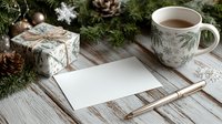 Festive holiday scene with wrapped gift, blank card, and hot drink on rustic wooden table surrounded by pine branches and decorations.