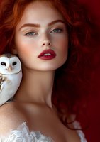 Mystical portrait of redhead woman with bright blue eyes and red lips posing with white barn owl against dark red background. Fantasy fashion concept.