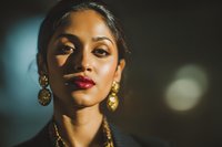 Elegant South Asian woman with gold jewelry and red lipstick in dramatic lighting for fashion and beauty concepts.