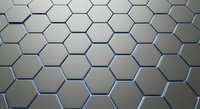 Metallic hexagonal grid surface with blue glowing edges, futuristic technology background for science, gaming, and digital design projects.
