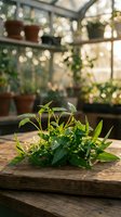 Fresh green seedlings growing on wooden surface in sunlit greenhouse with potted plants and windows in background for gardening and horticulture projects.