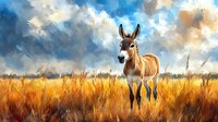 Wild donkey standing in golden wheat field against dramatic cloudy sky at sunset, artistic painterly style with soft brush strokes creates dreamy atmosphere.