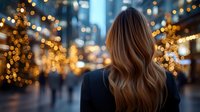 Young woman with long wavy blonde hair from behind looking at festive city street with blurred bokeh lights and decorations during evening holiday season.