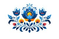 Decorative folk art floral composition with blue tulips and leaves in traditional European style, symmetrical arrangement on white background. Isolated design element.