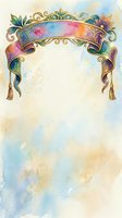 Watercolor ornate banner frame with gold details, colorful ribbon scroll, floral accents, and tassels on soft pastel background with copy space.