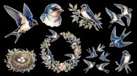 Swallow bird clipart set with nesting wreath and floral elements, isolated on transparent background. Great for stickers, t-shirt design, and print on demand.