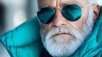 Senior Caucasian man with white beard wearing turquoise sunglasses and winter jacket, close up portrait against blurred background. Modern mature lifestyle concept.