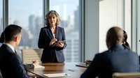 Professional mature businesswoman leading corporate meeting in modern office conference room with city skyline view during daytime presentation.