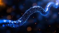 Glowing digital wave made of connected dots and lines on dark background with blue light effects and orange particles, modern technology concept.