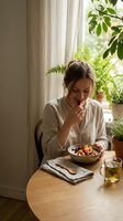 Young woman with brown hair eating fresh fruit salad at wooden table by window with natural light and potted plants for healthy lifestyle content.