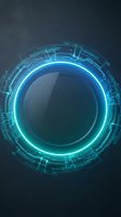 Glowing neon circle with digital circuit patterns on dark background. Futuristic technology interface design for web, apps, and digital projects.