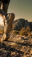 Hiker boots stepping on rocky mountain trail during golden hour sunset with dust particles and rugged terrain in background for outdoor adventure concepts.