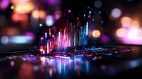 Vibrant financial data visualization with glowing pink and blue bar charts reflecting on dark surface, surrounded by colorful bokeh lights creating futuristic atmosphere.