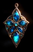 Ornate pendant featuring luminous blue-green gemstones arranged in floral pattern with metallic rose gold setting against dark background, glowing with ethereal light.