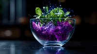 Vibrant purple liquid splashing in cocktail glass with fresh mint leaves, creating dramatic motion effect against dark background. Creative beverage photography.