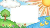 Colorful cartoon landscape frame with tree, flowers, pond, ducks and sun rays creating cheerful border for children content and educational materials.