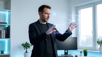 Caucasian businessman in dark suit presenting with hand gestures in modern office with large windows and natural light for corporate presentations.