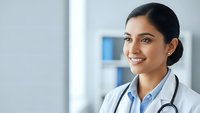 Young female doctor with stethoscope smiling confidently in modern medical office. Professional healthcare worker portrait for medical marketing materials.