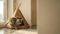 Tabby cat resting inside woven straw teepee tent by window in bright sunlit room, cozy pet shelter and play space.