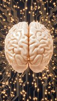 Human brain model on electronic circuit board background with glowing connections and neural pathways illustrating artificial intelligence and cognitive computing.