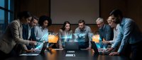 Business team analyzing holographic data projections during corporate meeting in modern conference room with digital technology displays.
