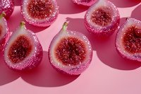 Fresh ripe figs covered in sugar crystals arranged on pink background with harsh shadows creating modern minimalist food composition for menu design.