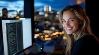 Young Caucasian female software developer working late at night, smiling at camera with programming code on computer screens and city lights in background through window.