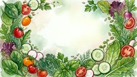 Fresh vegetables and sliced produce arranged in circular frame with watercolor background, ideal for healthy eating, nutrition, organic food marketing, recipe blogs, and wellness content.