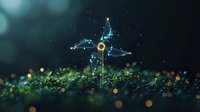Magical glowing fairy silhouette dancing on moss with sparkles and bokeh lights in dark forest setting, ethereal fantasy nature scene with mystical atmosphere.