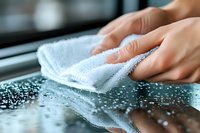 Hand wiping glass surface with blue microfiber cloth, close up view showing water droplets and reflection. Clean and fresh concept for housekeeping services.
