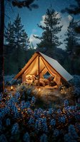 Cozy illuminated glamping tent in pine forest at dusk, surrounded by wildflowers and lanterns. Luxurious bedding and warm lighting create intimate outdoor retreat atmosphere.