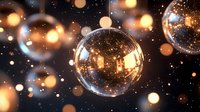Transparent glass Christmas baubles with golden bokeh lights reflecting in dark atmosphere, creating festive holiday mood.