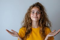 Young Caucasian woman with curly brown hair wearing yellow t-shirt showing open palms gesture and friendly smile against light gray background. Positive expression.