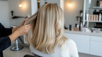 Blonde woman receiving professional hair treatment at luxury salon. Hairdresser styling client's smooth platinum hair with gentle waves and balayage technique.
