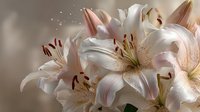 White oriental lilies in full bloom against soft beige background with delicate sparkles and bokeh effect create romantic floral composition.