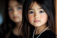 Young Asian girl wearing black dress and pearl necklace looking at camera with innocent expression, soft natural lighting creates gentle portrait mood.
