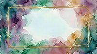 Watercolor abstract frame with vibrant multicolored washes in teal, purple, pink, and gold tones surrounding white negative space, ideal for backgrounds and design projects.