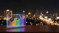 Colorful neon bar chart glowing on wooden surface with blurred city lights background. Business analytics data visualization concept for presentations.