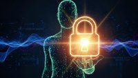 Digital human silhouette holding glowing padlock symbol with data streams and binary code background for cybersecurity and data protection concepts.