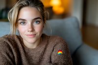 Young woman with blue eyes wearing brown sweater with rainbow patch smiling warmly at camera. Natural daylight creates soft ambiance in cozy home setting.