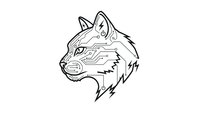 Futuristic cyberpunk wolf head with circuit board patterns and technological elements isolated on white background for modern digital design projects.