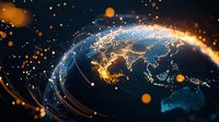 Glowing Earth at night showing city lights across Asia with digital network connections and orange light particles in space.