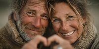 Happy mature Caucasian couple making heart shape with hands, smiling together in cozy sweaters. Love, romance and relationship concept for seniors.